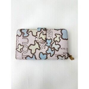 TOUS Pink Leather zip around clutch wallet w/ Teddy Bear Print 7" x 4" Leather